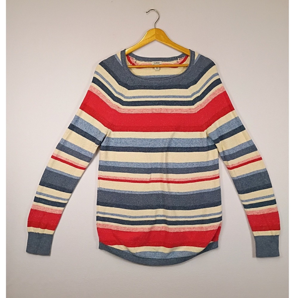 Coastal Preppy LL Bean Womens M Blue Red Striped Cotton Seed Stitch Sweater